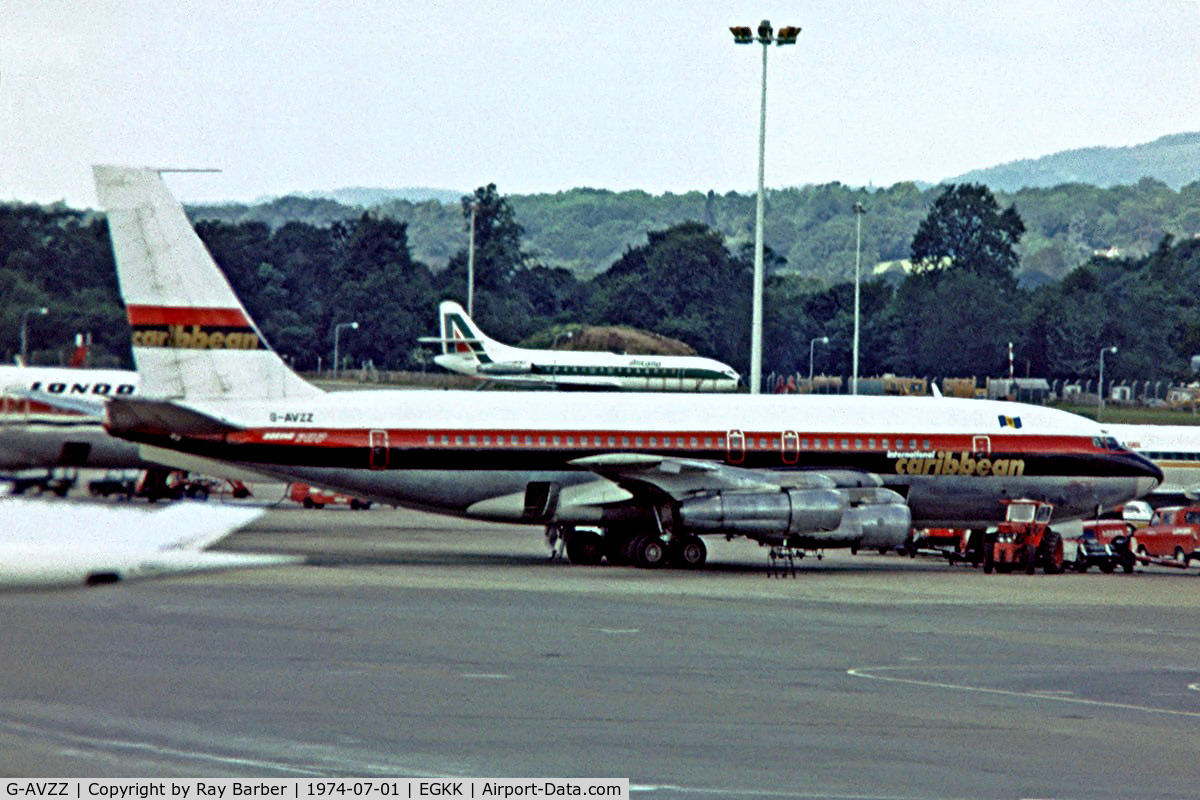 G-AVZZ, 1959 Boeing 707-138B C/N 17699, Boeing 707-138B [17699] (International Caribbean) Gatwick~G 01/07/1974. Taken from a slide.
