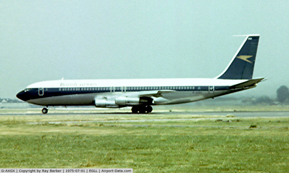 G-AXGX, 1970 Boeing 707-336C C/N 20375, Boeing 707-336C [20375] (British Airways) Heathrow~G 01/07/1975. Taken from a slide.