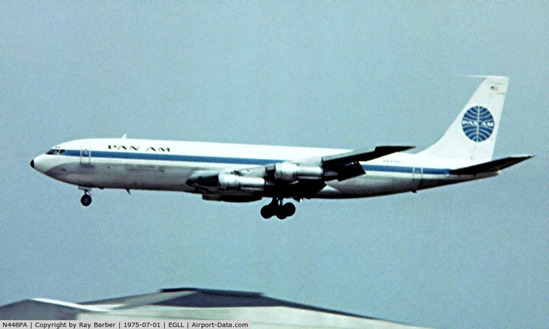 N448PA, 1967 Boeing 707-321C C/N 19270, Boeing 707-321C [19270] (Pan Am) Heathrow~G 01/07/1975. taken from a slide.