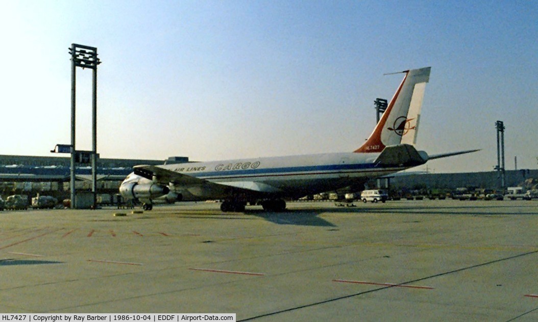 HL7427, 1967 Boeing 707-321C C/N 19372, Boeing 707-321C [19372] (Korean Air) Frankfurt~D 04/10/1986. Image taken from a slide.