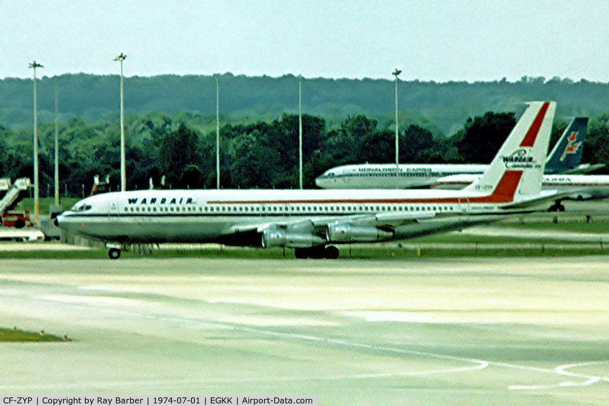 CF-ZYP, 1969 Boeing 707-396C C/N 20043, Boeing 707-396C [20043] (Wardair Canada) Gatwick~G 01/07/1974. Image taken from a slide.