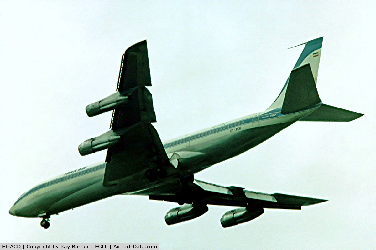 ET-ACD, 1968 Boeing 707-360C C/N 19736, Boeing 707-360C [19736] (Iran Air) Heathrow~G 01/07/1974. Date approximate. Image taken from a slide.