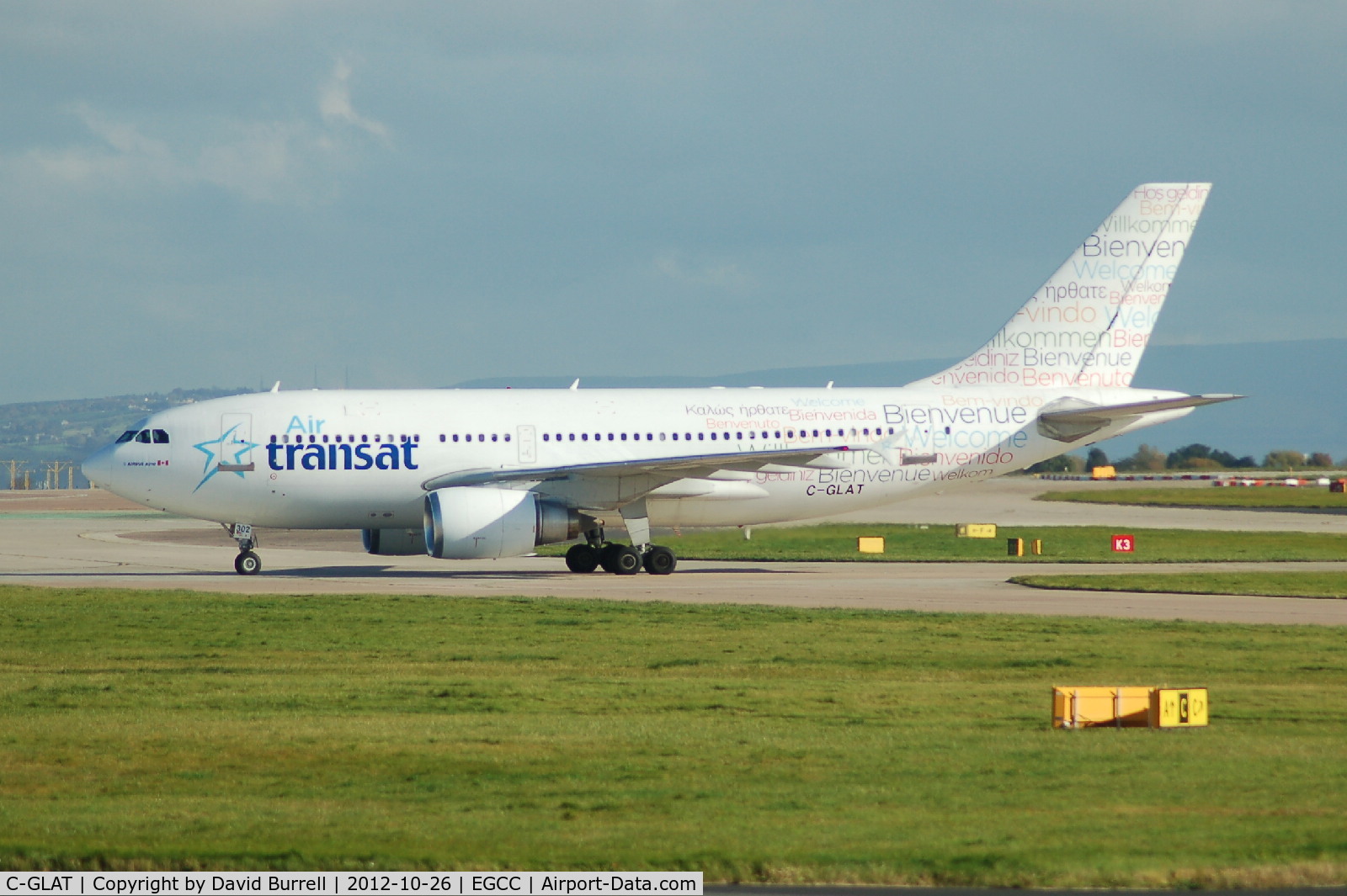 C-GLAT, 1991 Airbus A310-308 C/N 588, Air Transat C-GLAT taxiing at Manchester Airport