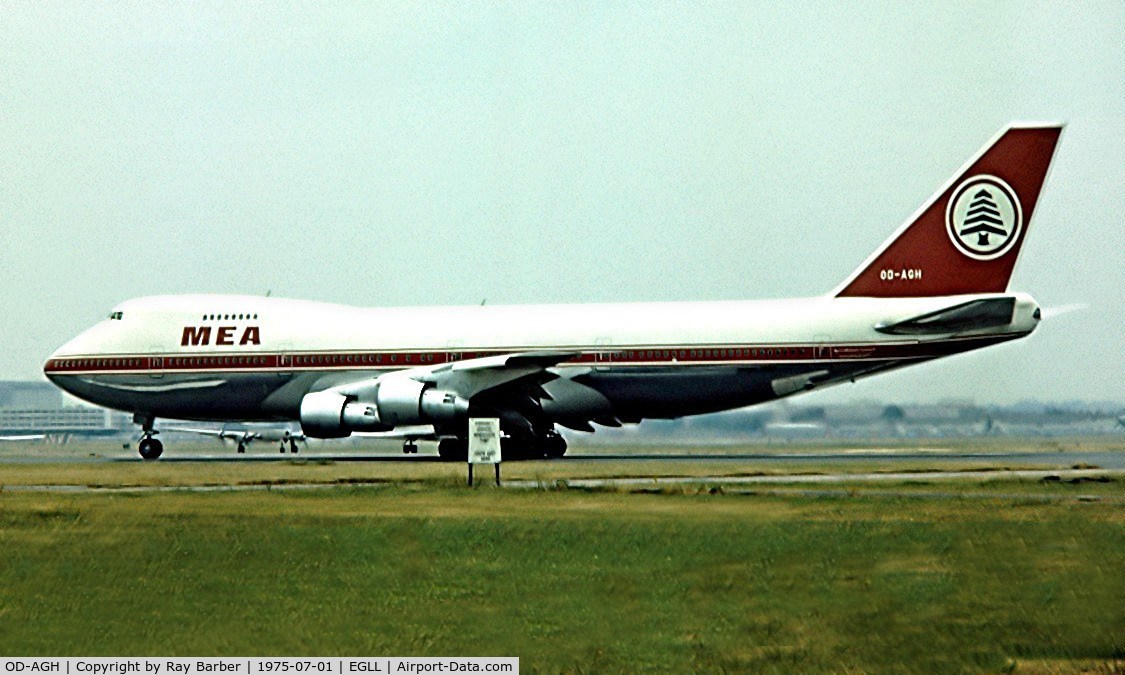 OD-AGH, 1975 Boeing 747-2B4B C/N 21097, Boeing 747-2B4B [21097] (MEA) Heathrow~G 01/07/1975. Image taken from a slide.