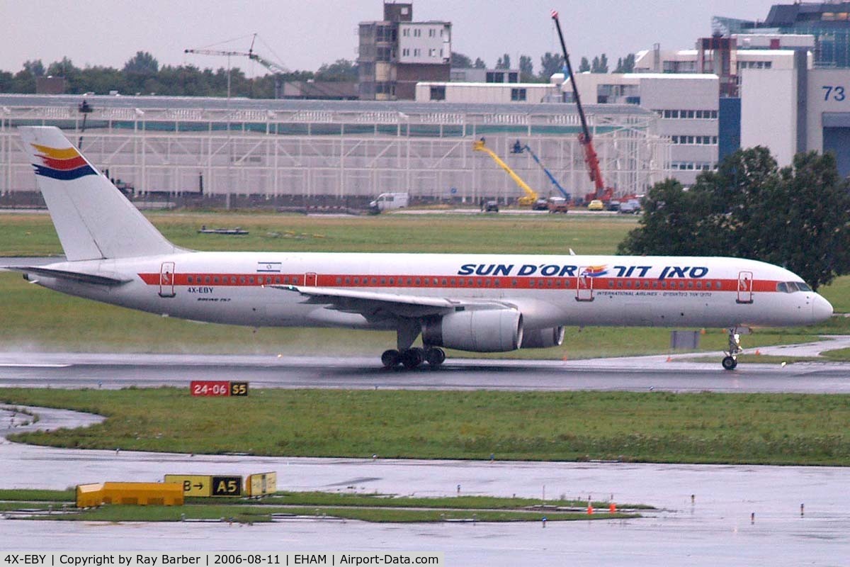 4X-EBY, 1988 Boeing 757-27B C/N 24137, Boeing 757-27BF [24137] (Sun dOr International Airlines) Schiphol~PH 11/08/2006. Taken during a rain storm.