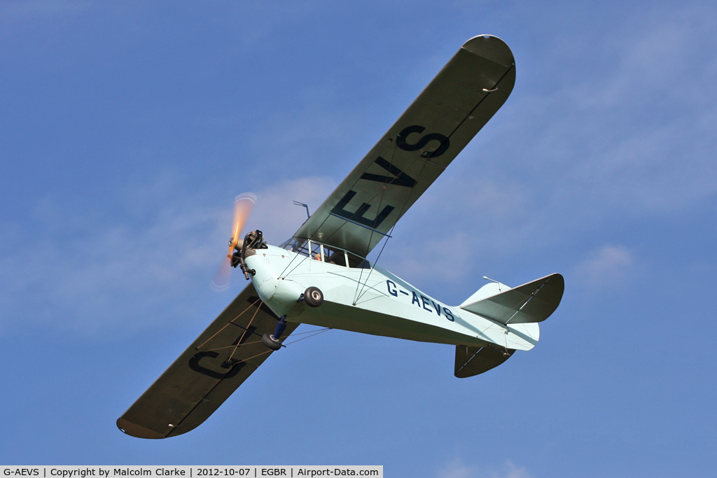 G-AEVS, 1937 Aeronca 100 C/N AB114, Aeronca 100. Hibernation Fly-In, The Real Aeroplane Club, Breighton Airfield, October 2012.