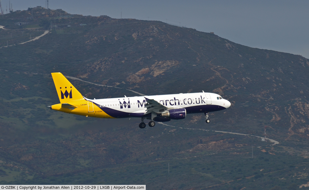 G-OZBK, 2000 Airbus A320-214 C/N 1370, Monarch Airbus A320 on approach to Gibraltar airport.