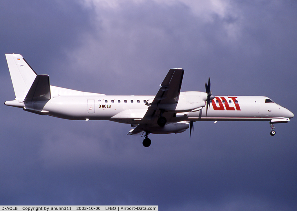 D-AOLB, 1994 Saab 2000 C/N 2000-005, Landing rwy 14R in white tail with titles...