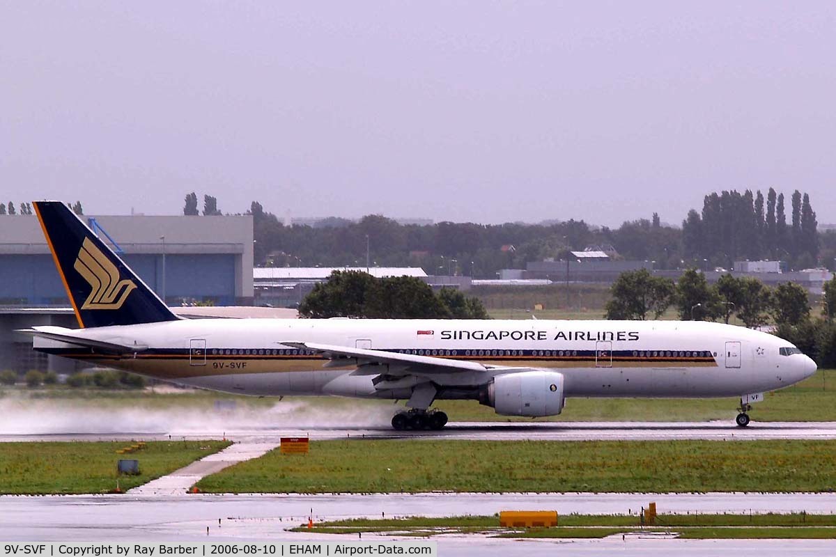 9V-SVF, 2001 Boeing 777-212/ER C/N 30871, Boeing 777-212ER [30871] (Singapore Airlines) Amsterdam-Schiphol~PH 10/08/2006 . Seen departing during a rain storm.