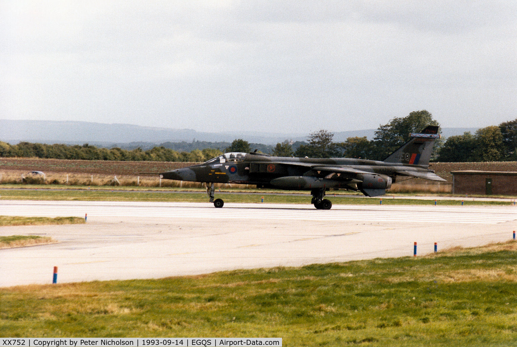 XX752, 1975 Sepecat Jaguar GR.1A C/N S.49, Jaguar GR.1A of 6 Squadron at RAF Coltishall preparing for take-off on Runway 05 at RAF Lossiemouth in September 1993