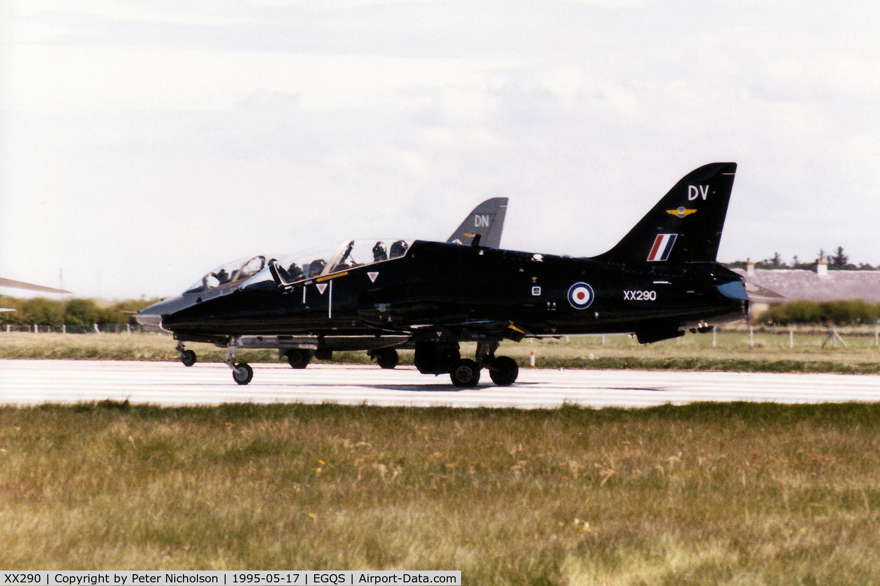 XX290, 1979 Hawker Siddeley Hawk T.1A C/N 116/312115, Hawk T.1A, callsign Eagle 4, of 208 [Reserve] Squadron at RAF Valley preparing for take-off on Runway 05 at RAF Lossiemouth in  the Summer of 1995.