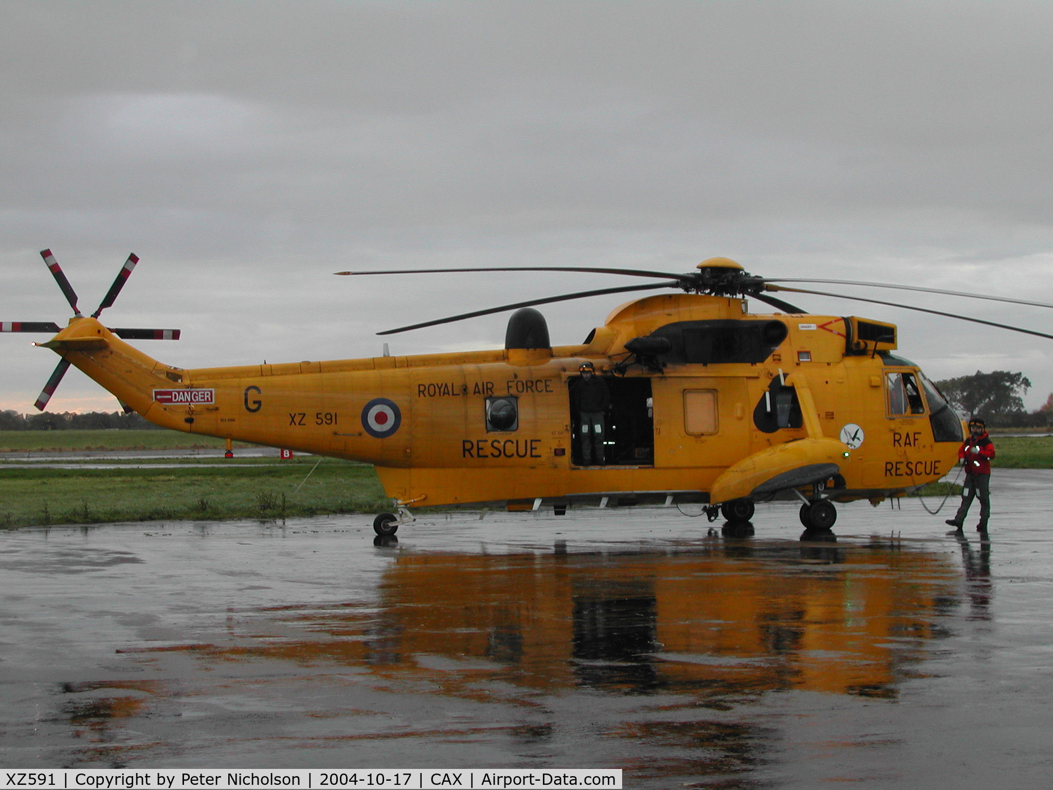 XZ591, 1978 Westland Sea King HAR.3 C/N WA857, Sea King HAR.3, callsign Rescue 128, of 202 Squadron at RAF Boulmer on a visit to Carlisle in October 2004.