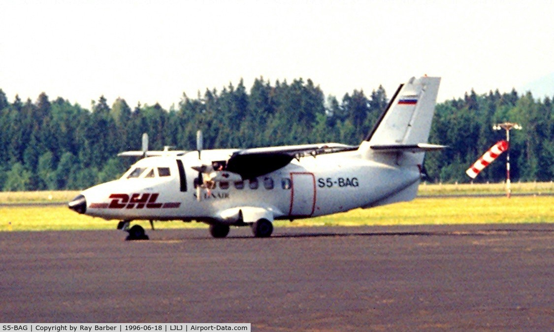 S5-BAG, 1975 Let L-410AB Turbolet C/N 750409, LET L-410AB Turbolet [750409] (Solinair/DHL) Ljubljana~S5 18/06/1996. Damaged beyond repair in 1999. Current status uncertain. Sorry for the quality of the image but here for historical purposes.