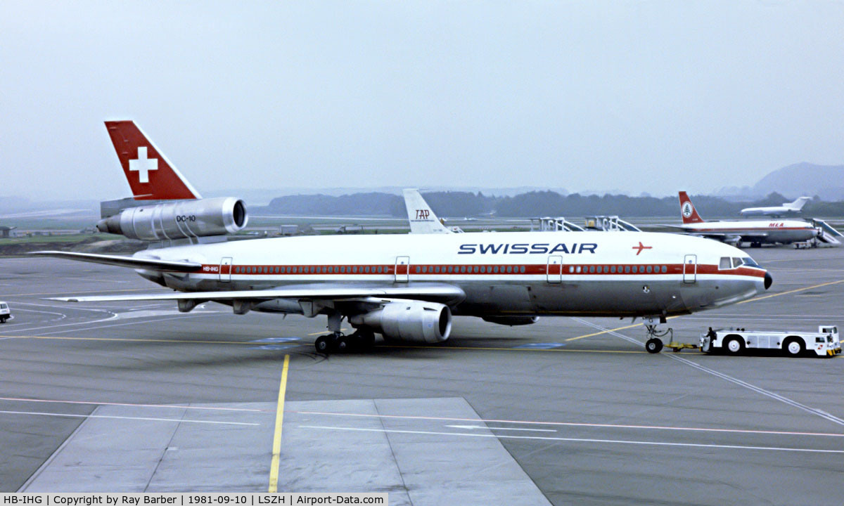 HB-IHG, 1975 McDonnell Douglas DC-10-30 C/N 46581, McDonnell-Douglas DC-10-30 [46581] (Swissair) Zurich~HB 10/09/1981. Image taken from a slide.