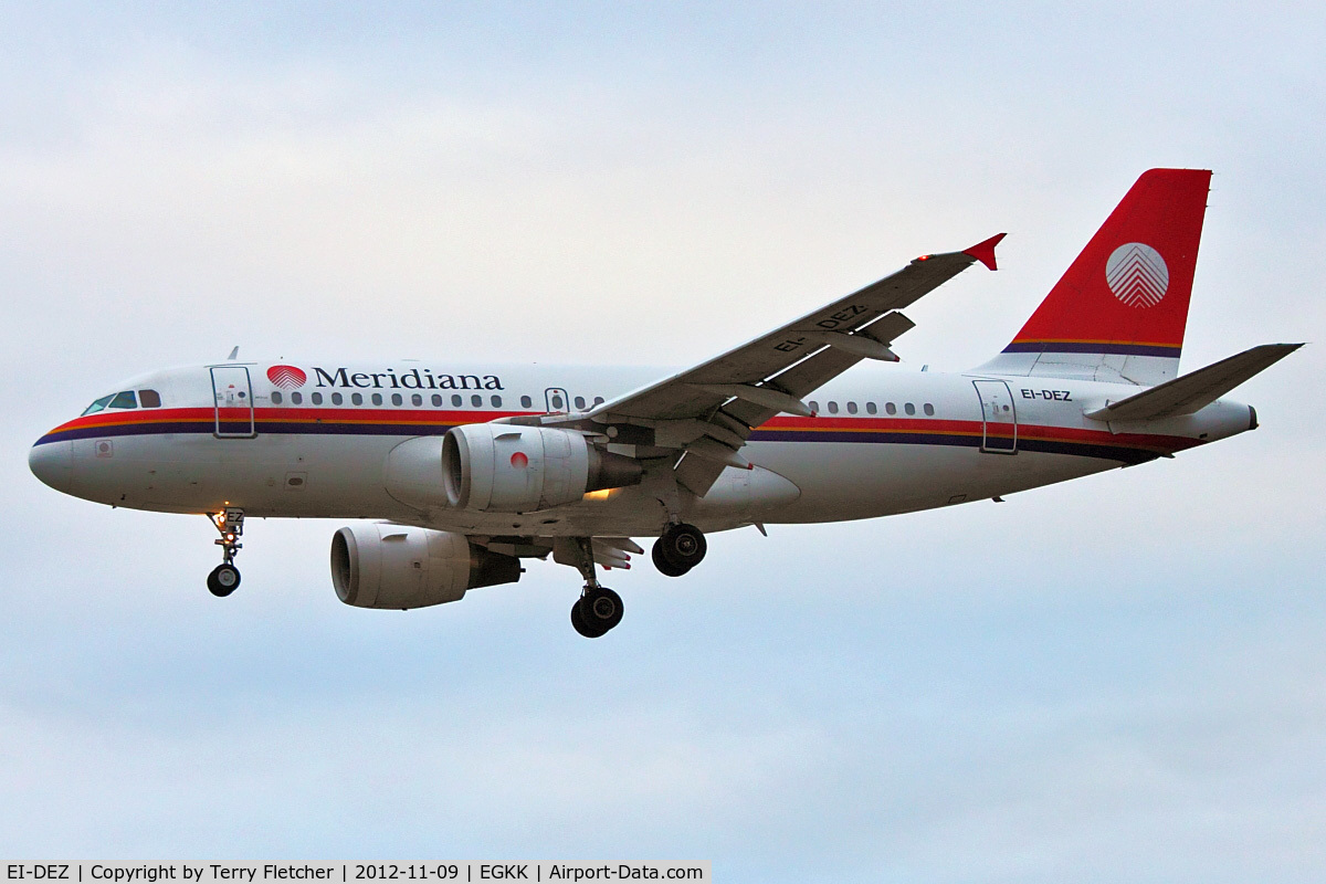 EI-DEZ, 2000 Airbus A319-112 C/N 1283, Meridiana's 2000 Airbus A319-112, c/n: 1283 landing at Gatwick