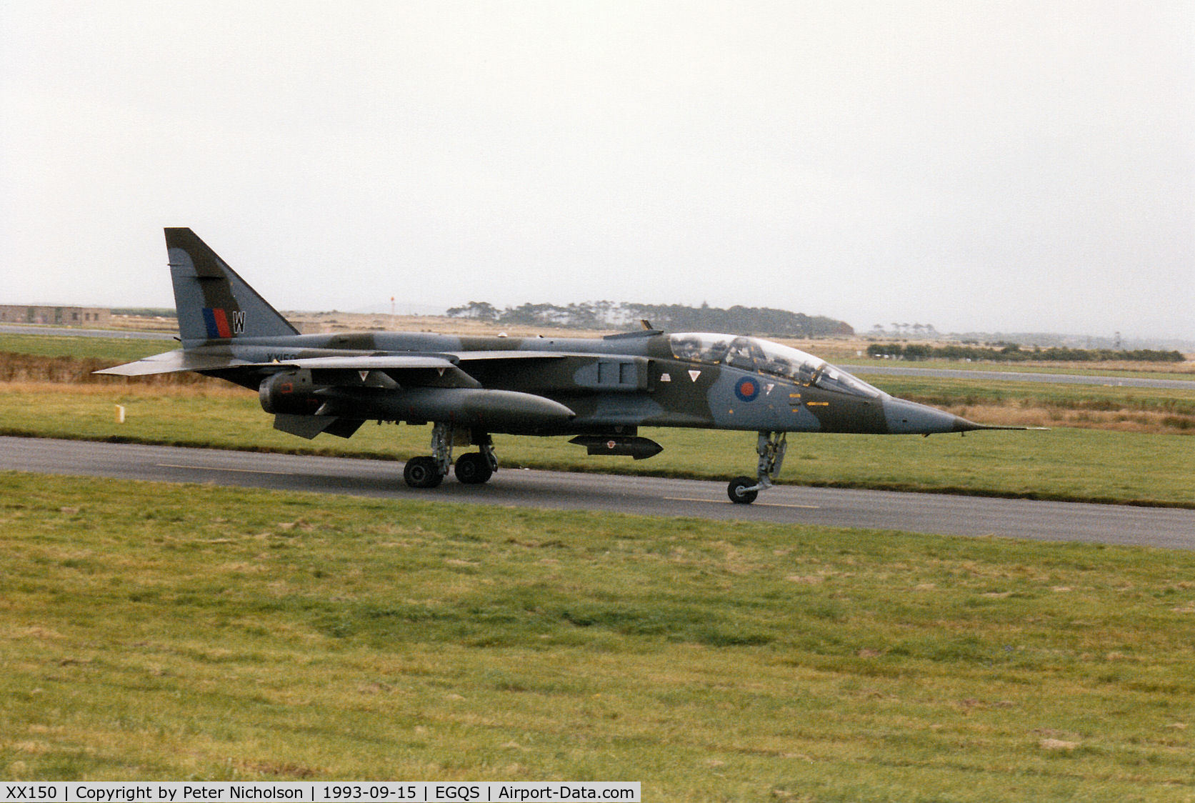 XX150, 1974 Sepecat Jaguar T.2A C/N B.15, Jaguar T.2A of 16[Reserve] Squadron taxying to Runway 05 at RAF Lossiemouth in September 1993.