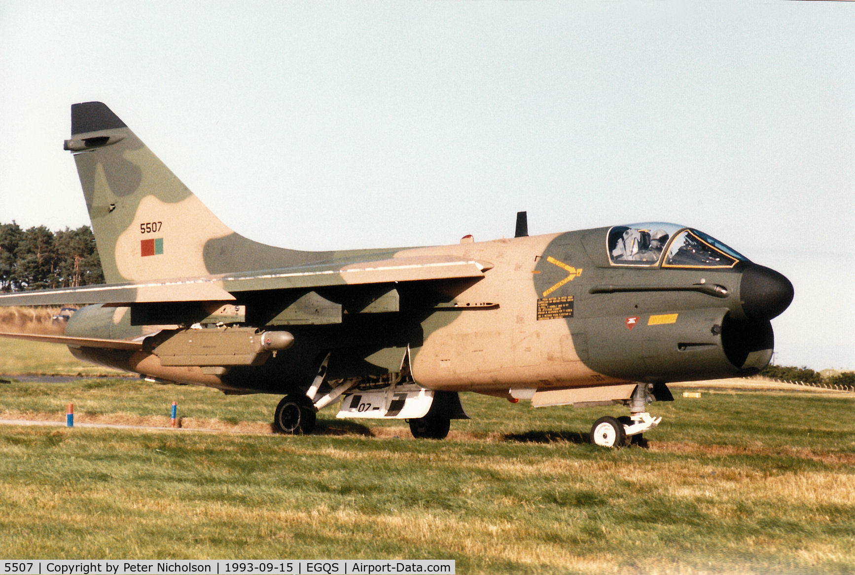 5507, LTV A-7P Corsair II C/N A-103/P-007, Portuguese Air Force A-7P Corsair II of 304 Esquadron taxying to Runway 05 at RAF Lossiemouth in September 1993.