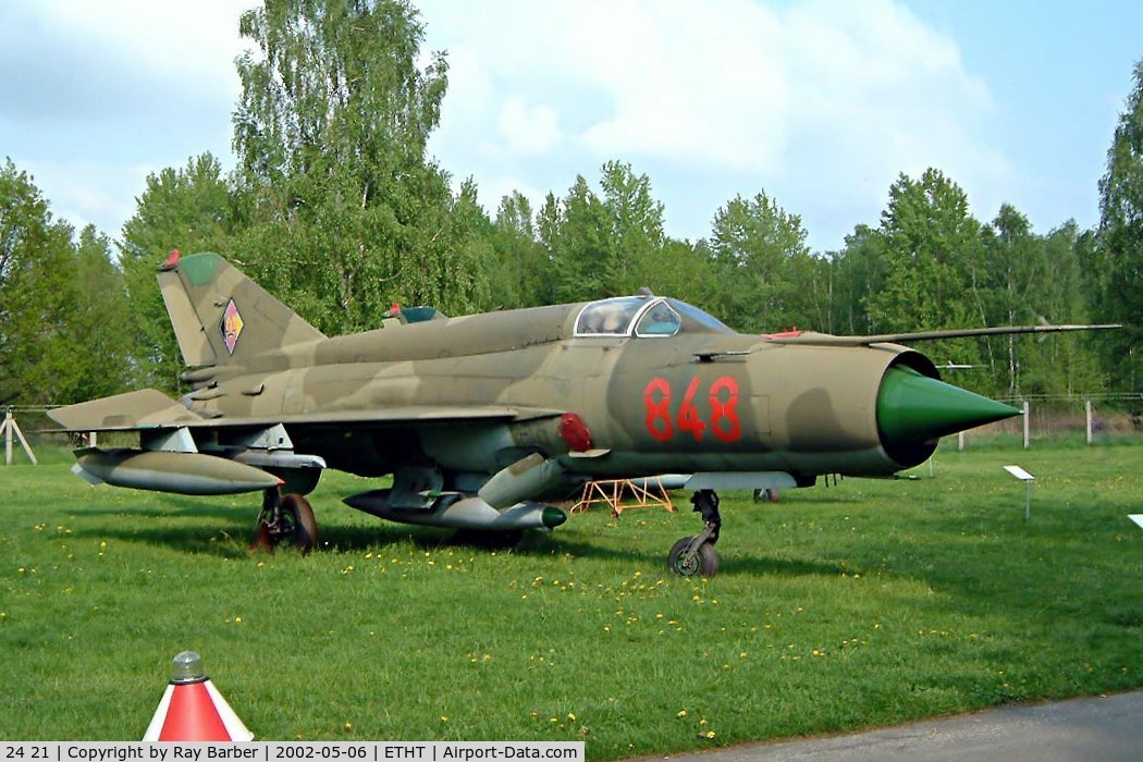 24 21, Mikoyan-Gurevich MiG-21bis C/N N75051407, Mikoyan-Gurevich MiG-21bis Fishbed-L [N75051407] Cottbus~D 06/05/2002. Marked as 848 of former DDR but is still registered as 24+21.