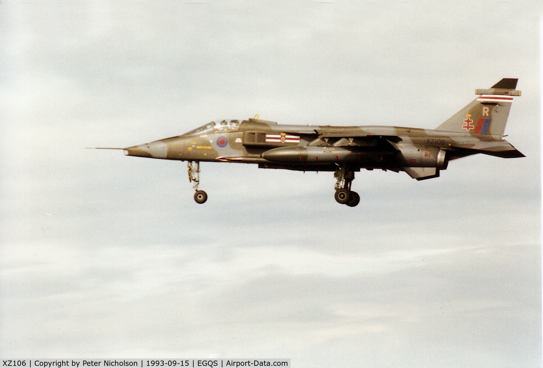 XZ106, 1976 Sepecat Jaguar GR.1A C/N S.107, Jaguar GR.1A of 41 Squadron at RAF Coltishall on final approach to Runway 23 at RAF Lossiemouth in September 1993.