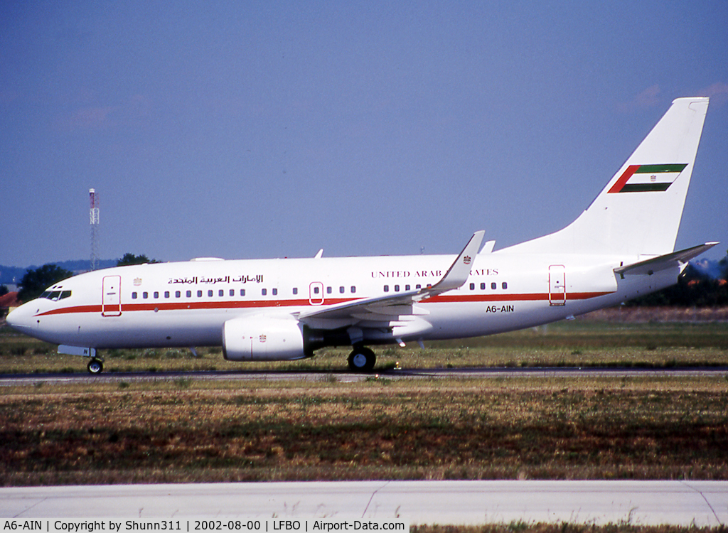 A6-AIN, 1999 Boeing 737-7Z5 BBJ C/N 29268, Arriving from flight on rwy 32L