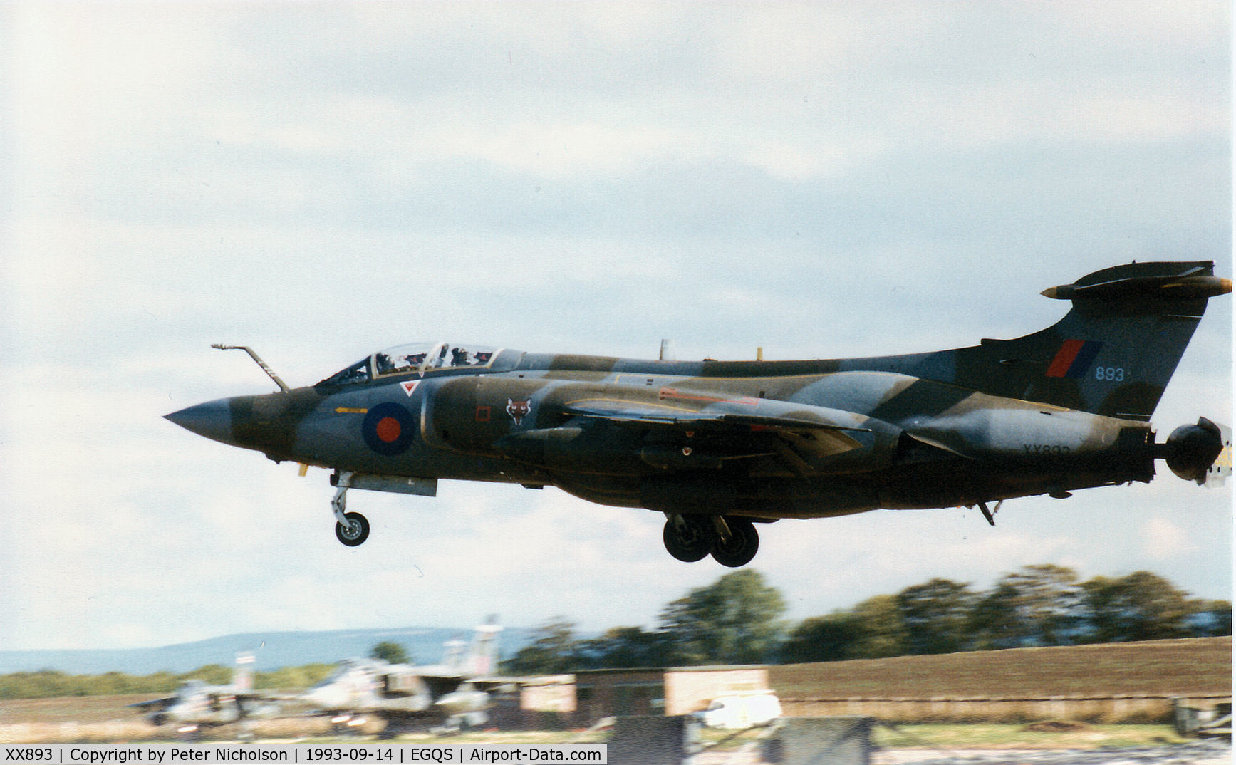 XX893, 1975 Hawker Siddeley Buccaneer S.2B C/N B3-02-74, Buccaneer S.2B of 12 Squadron crossing the threshold of Runway 05 at RAF Lossiemouth in September 1993.