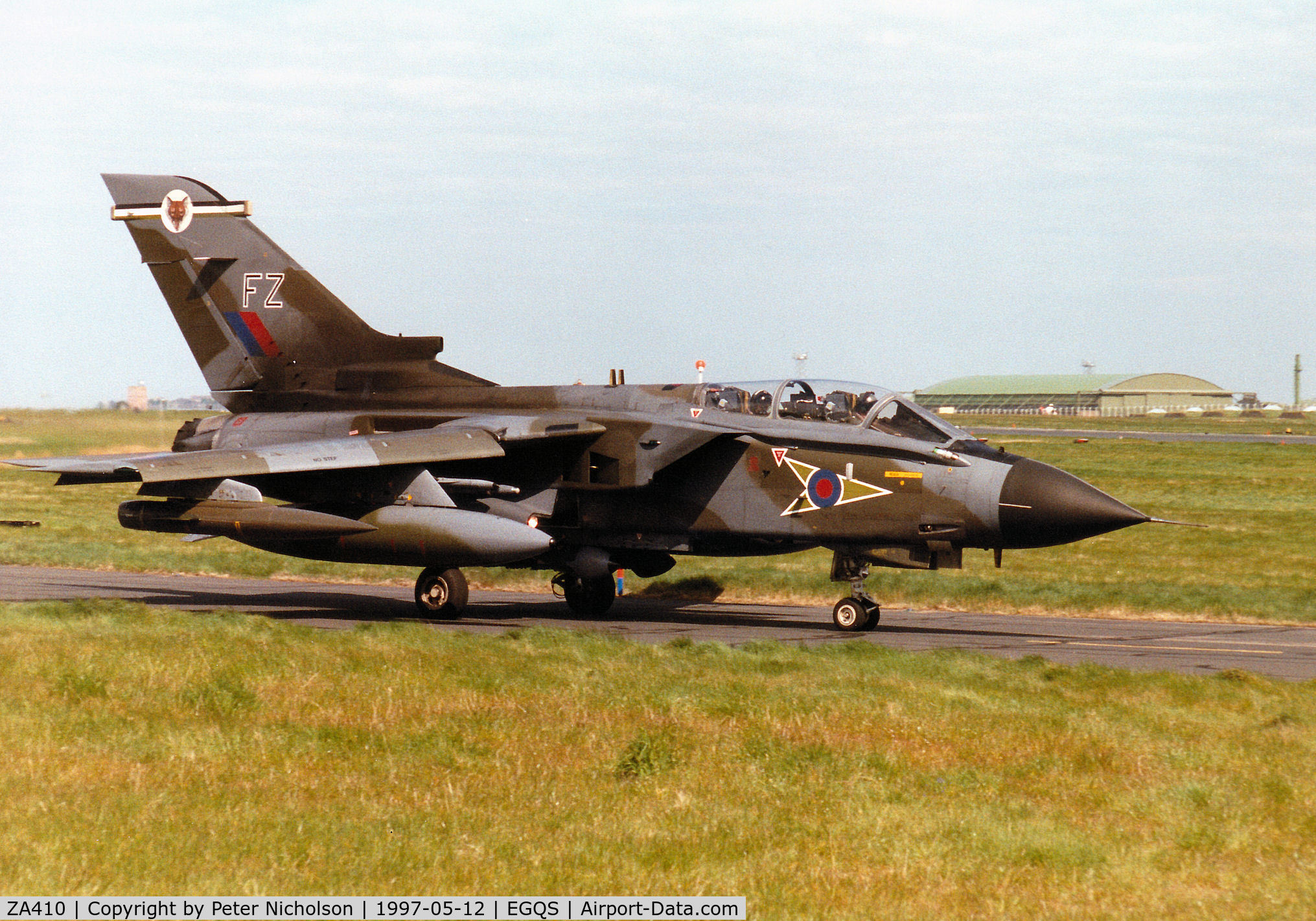ZA410, 1983 Panavia Tornado GR.1 C/N 227/BT034/3109, Tornado GR.1, callsign Jackal 2, of 12 Squadron taxying to Runway 05 at RAF Lossiemouth in the Summer of 1997.