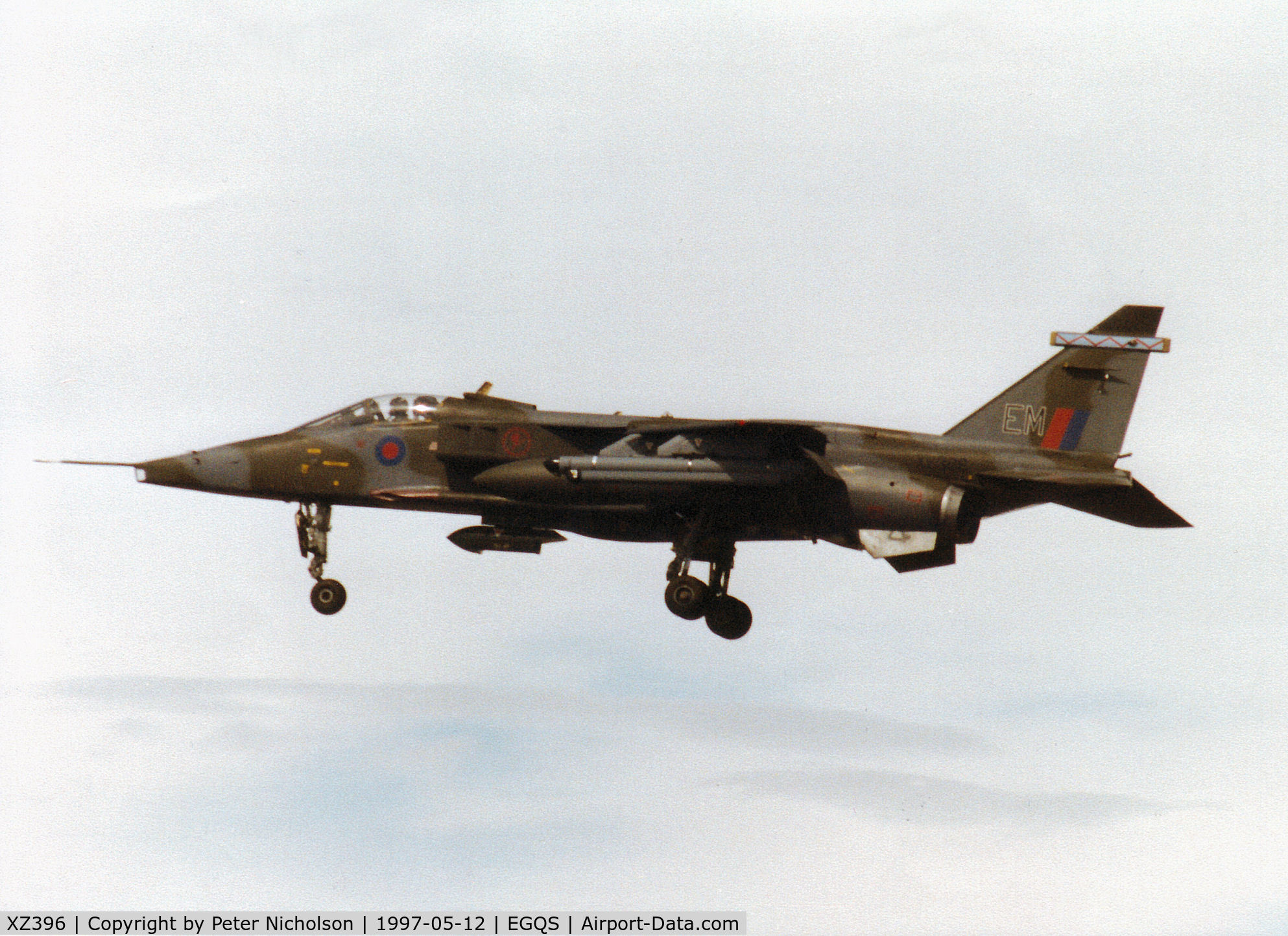 XZ396, 1977 Sepecat Jaguar GR.1A C/N S.161, Jaguar GR.1A, callsign Blackcat 1, of 6 Squadron at RAF Coltishall on final approach to Runway 23 at RAF Lossiemouth in the Summer of 1997.