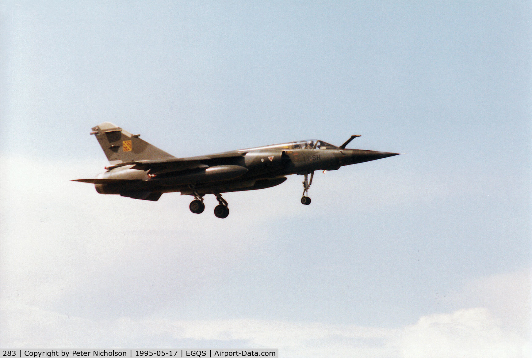 283, Dassault Mirage F.1CT C/N 283, Mirage F.1CT, callsign French Air Force 5722, of EC 1/1 on final approach to Runway 05 at RAF Lossiemouth in the Summer of 1995.