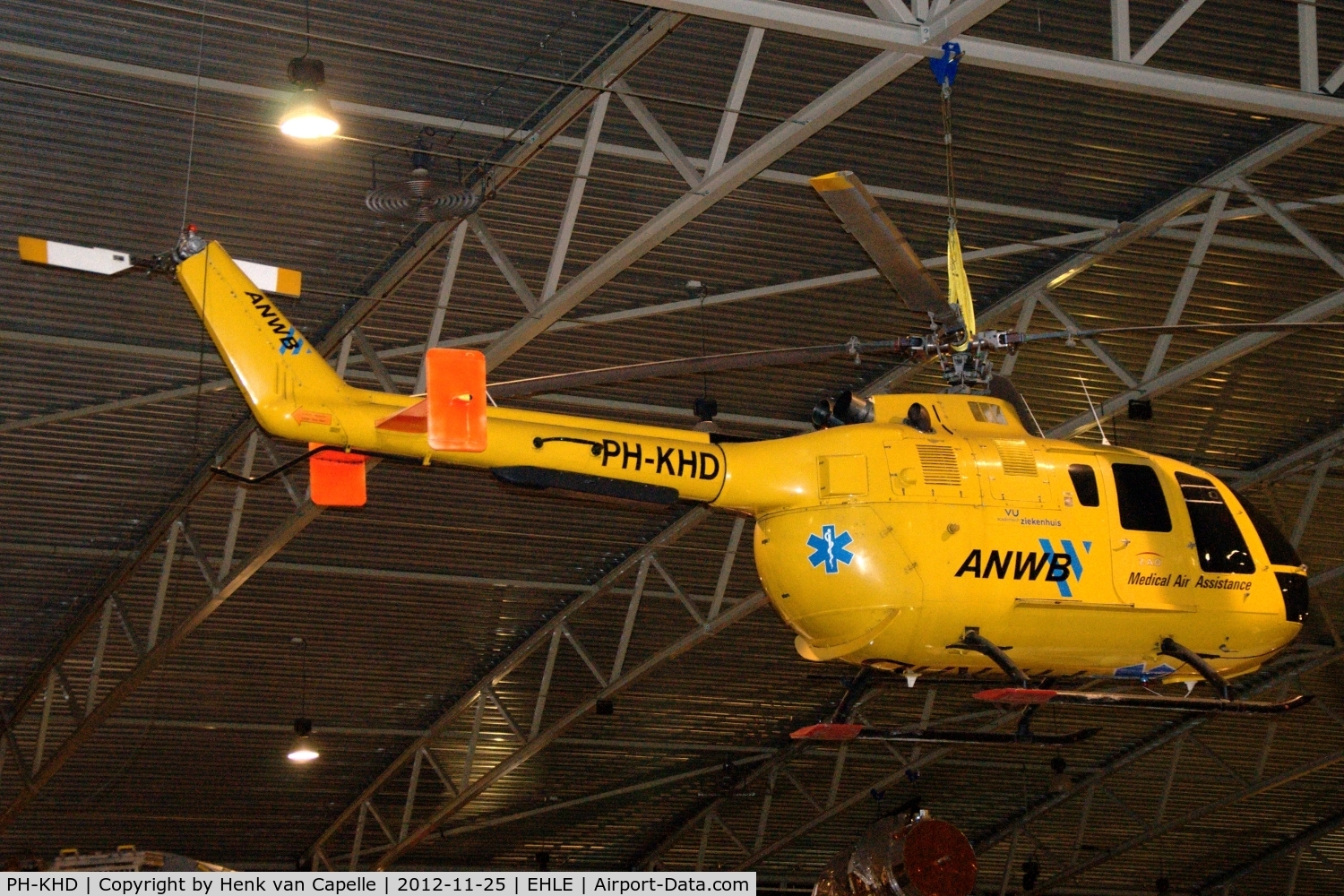 PH-KHD, 1977 MBB Bo-105CBS-4 C/N S-324, Bölkow Bo-105CBS-4 medevac helicopter of the ANWB Medical Air Assistance (Dutch Automobile Club) hanging in the Aviodrome aviation museum at Lelystad, the Netherlands.