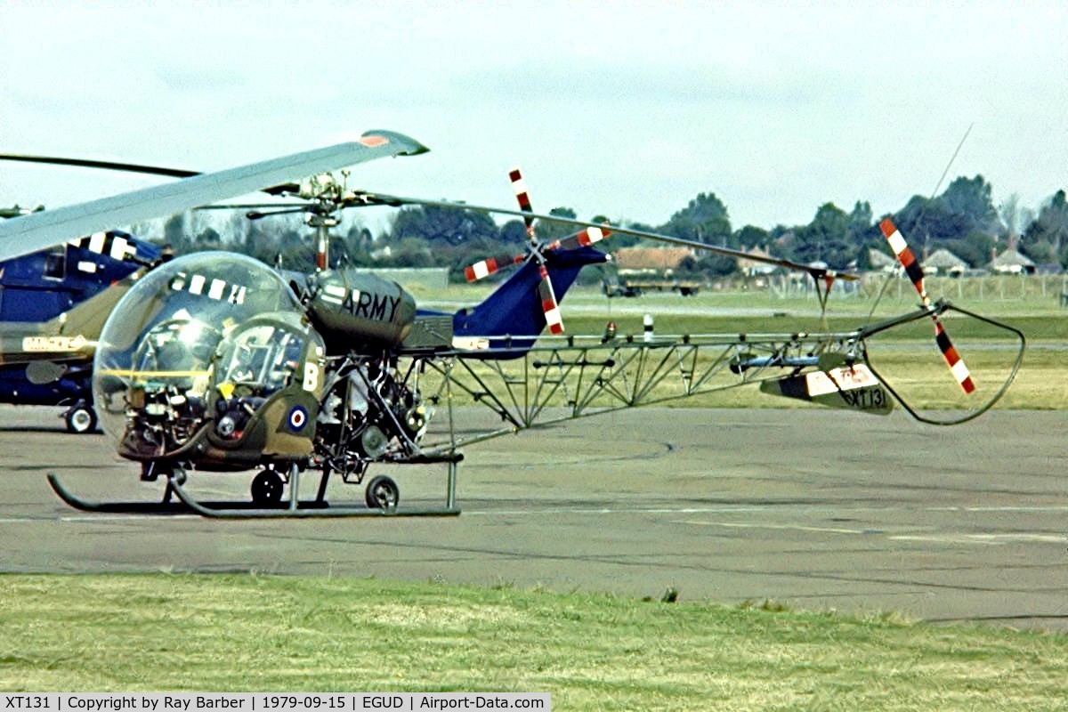 XT131, 1964 Westland Sioux AH.1 C/N 1540, Agusta-Bell 47 AH.1 Sioux [1540] RAF Abingdon~G 15/09/1979. Image taken from a slide.