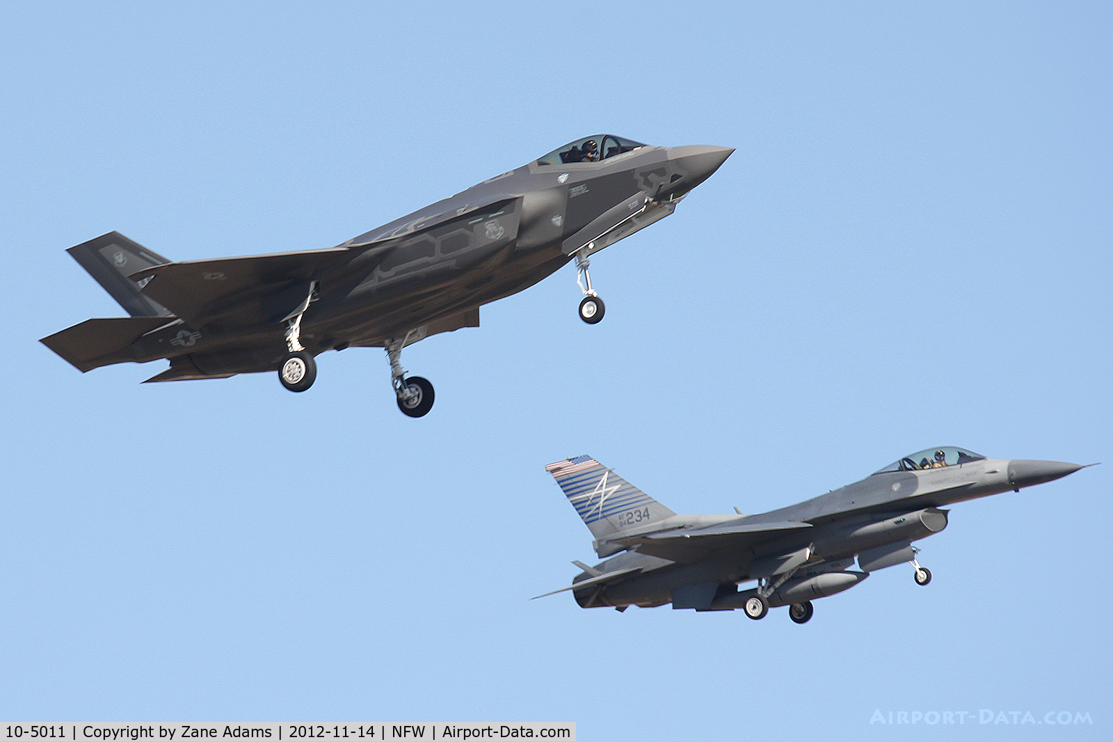 10-5011, 2012 Lockheed Martin F-35A Lightning II C/N AF-23, Lockheed F-35A landing at NAS Fort Worth with company F-16 chase.
