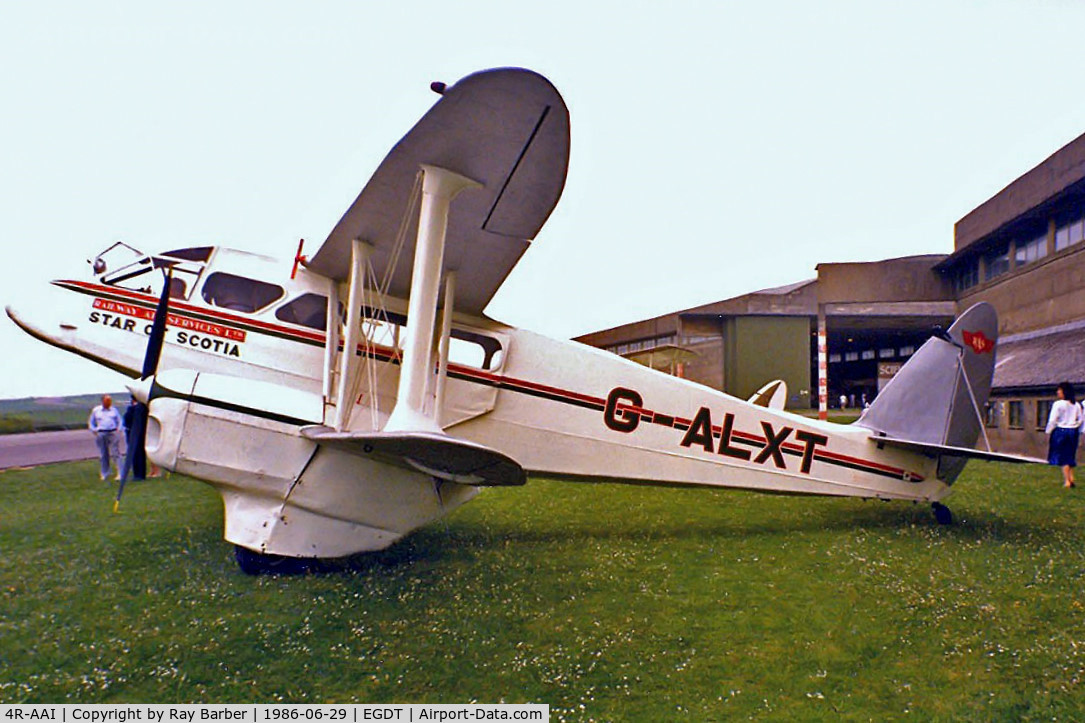 4R-AAI, 1944 De Havilland DH-89A Dominie/Dragon Rapide C/N 6736, De Havilland DH.89A Dragon Rapide [6736] Wroughton~G 29/06/1986. Although marked G-ALXT this was only from 24/01/1950 to 07/1951. Now preserved with the Science Museum Wroughton  where this was displayed.