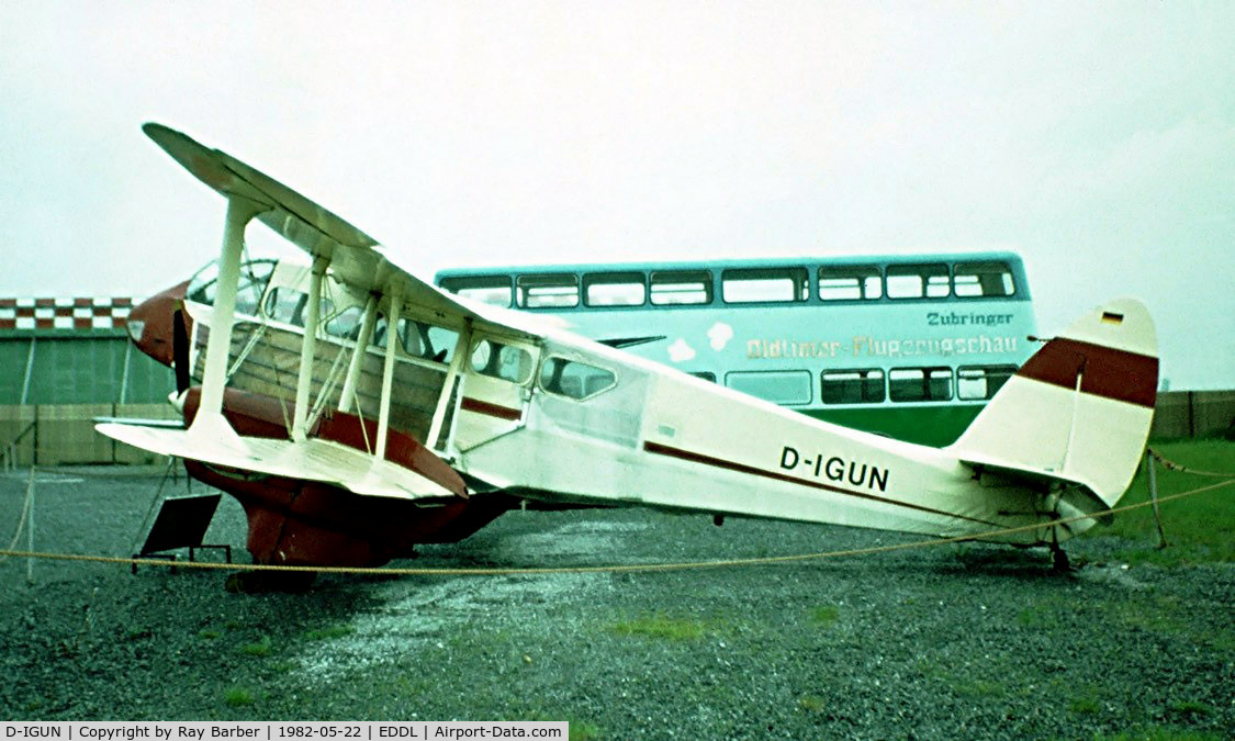 D-IGUN, 1939 De Havilland DH-89A Dragon Rapide C/N 6437, De Havilland DH.89A Dragon Rapide [6437] (Air Classic) Dusseldorf~D 22/05/1982. Removed from roof of terminal and re-sited on road leading to the terminal along with other Air Classic aircraft. Image taken from a slide.
