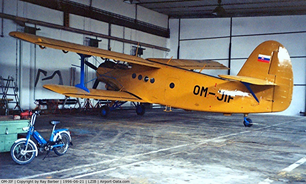OM-JIF, Antonov (PZL-Mielec) An-2 C/N 1G186-20, Antonov An-2T [1G186-20] (Slovair) Bratislava~OM 21/06/1996. This has been registered twice as this and as OK-JIF 3 times going backwards and forwards as these 2 registrations.