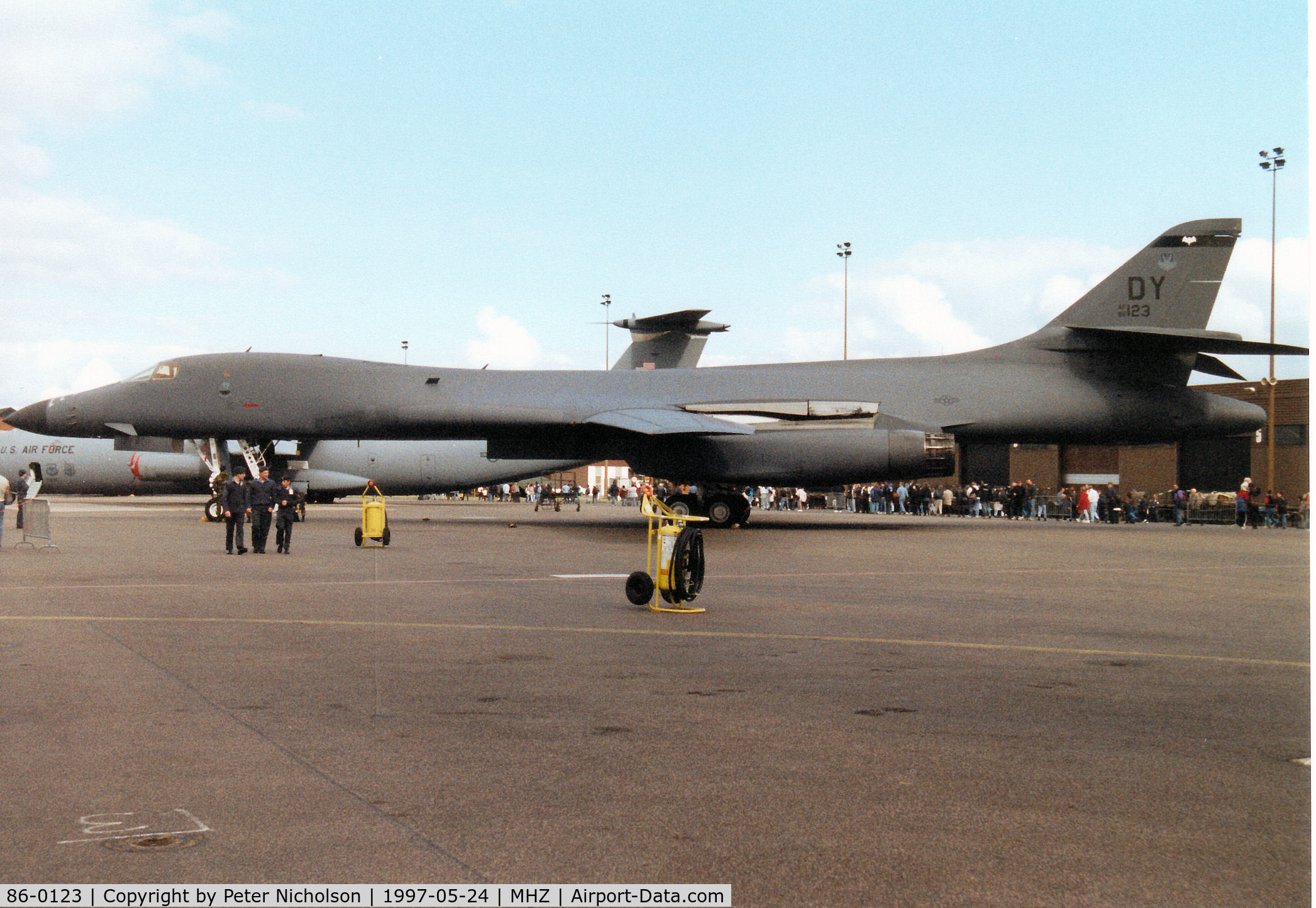 86-0123, 1986 Rockwell B-1B Lancer C/N 83, B-1B Lancer, callsign Dark 41, of the 9th Bomb Squadron/7th Bomb Wing at Dyess AFB on display at the 1997 RAF Mildenhall Air Fete.