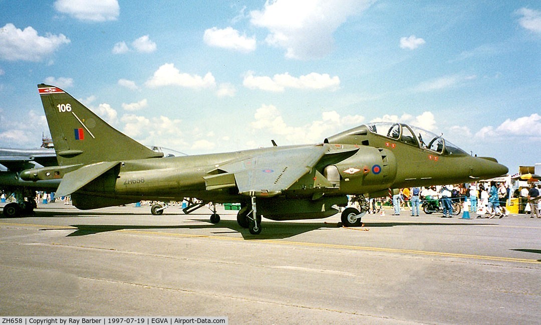 ZH658, 1994 British Aerospace Harrier T.10 C/N TX006, BAe Systems Harrier T.10 [TX006] (RAF) RAF Fairford~G 19/07/1997. Coded *106*. Since been dismantled.