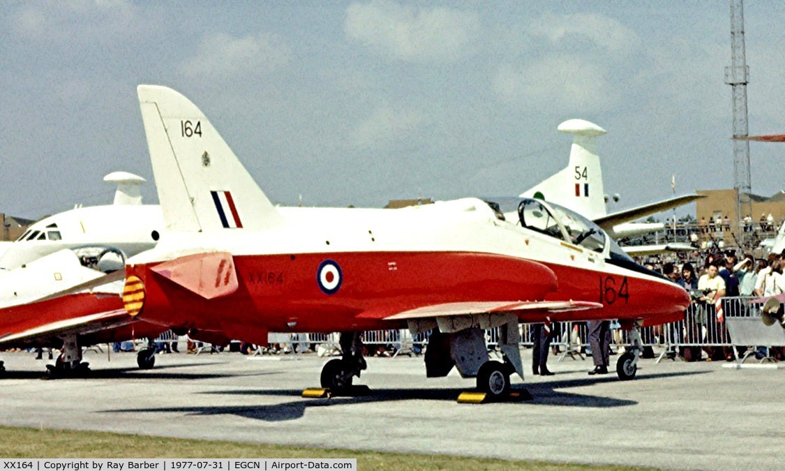 XX164, 1976 Hawker Siddeley Hawk T.1 C/N 011/312011, BAe Systems Hawk T.1 [312011] (RAF) RAF Finningley~G 31/07/1977. Image taken from a slide. Written off RAF Valley 1996-02-13.