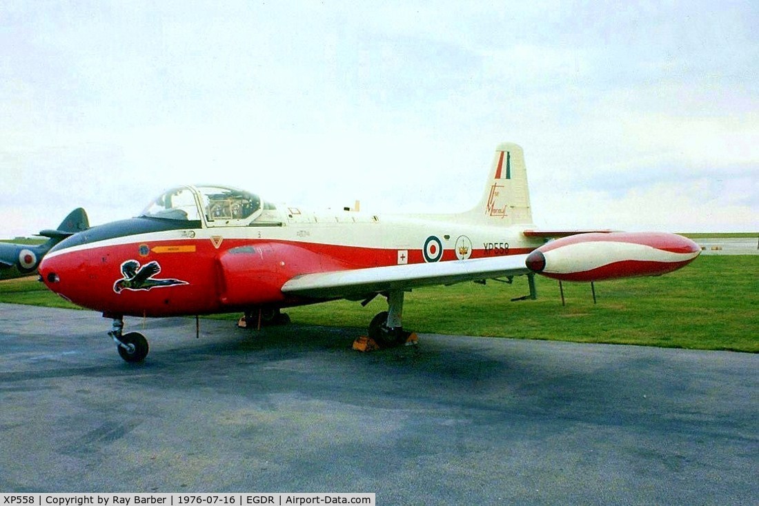 XP558, 1962 BAC 84 Jet Provost T.4 C/N Not found  XP558, BAC Jet Provost T.4 [Unknown] RNAS Culdrose~G 16/07/1976. Nose section only now preserved in a private collection in Scotland. Shown here in Macaws scheme. Image taken from a slide.