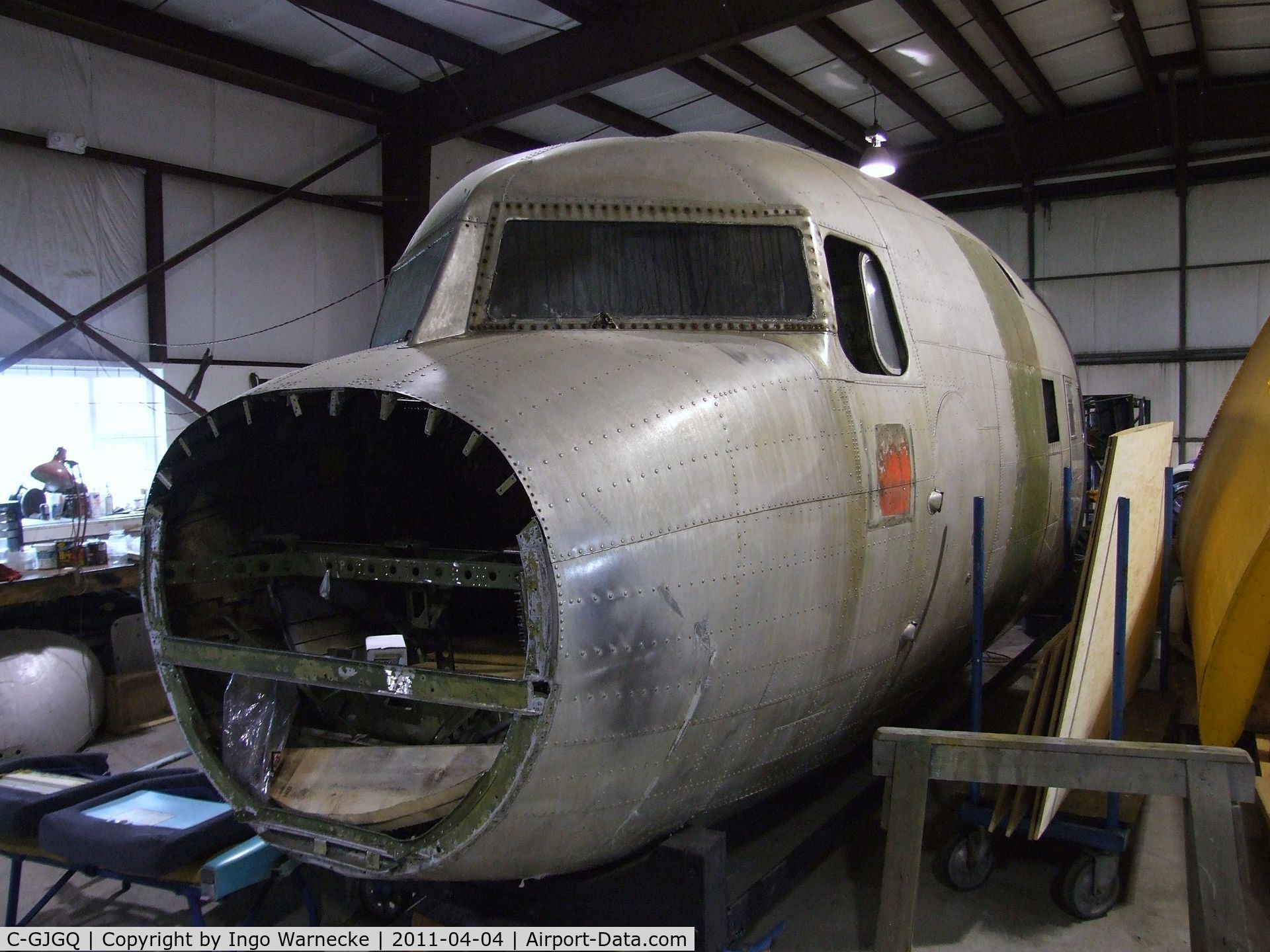 C-GJGQ, 1952 Douglas R4D-8 C/N 43307, Douglas R4D-8 front fuselage in the workshop of the British Columbia Aviation Museum, Sidney BC