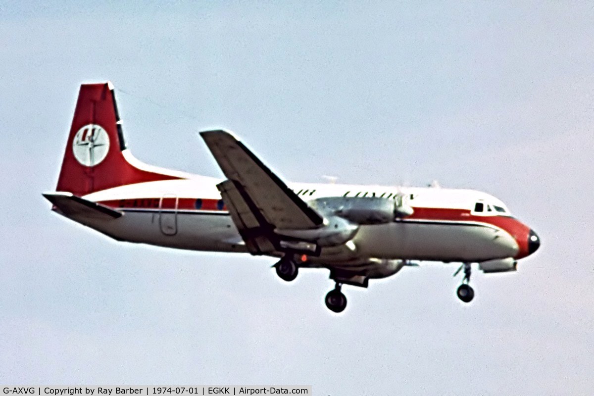 G-AXVG, 1966 Hawker Siddeley HS-748 Srs2/226 C/N 1589, Avro 748 Srs.2A/226 [1589] (Dan-Air London) Gatwick~G 01/07/1974. Image taken from a slide.
