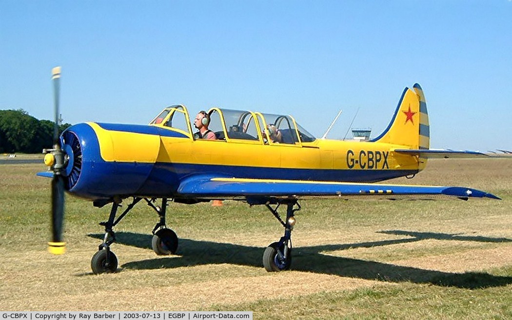G-CBPX, 1989 Bacau Yak-52 C/N 8910004, Yakovlev Yak-52 [8910004] Kemble~G 13/07/2003. Became South African registered in 2005.