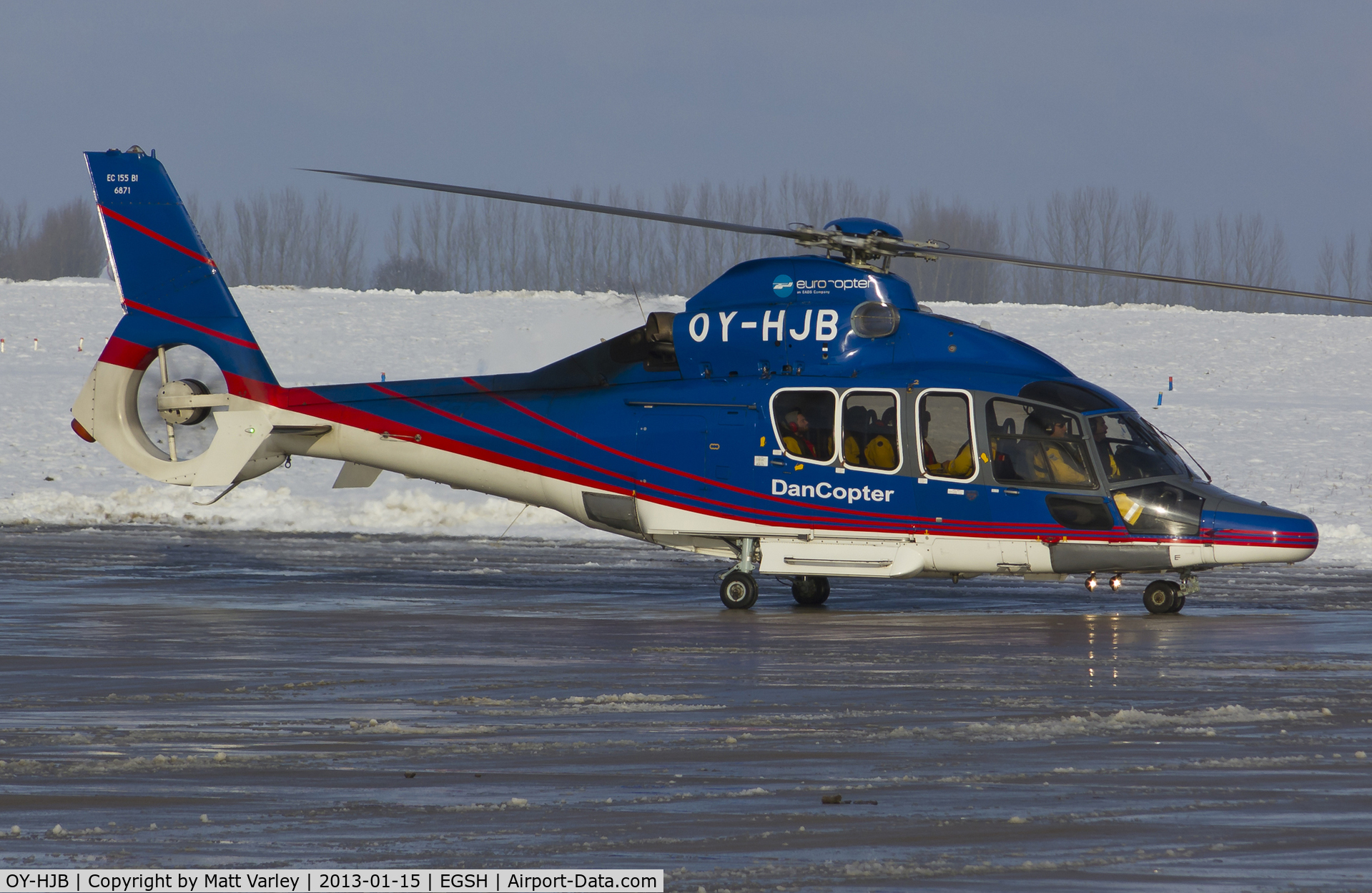 OY-HJB, 2009 Eurocopter EC-155B-1 C/N 6871, Departing SaxonAir in the snow.