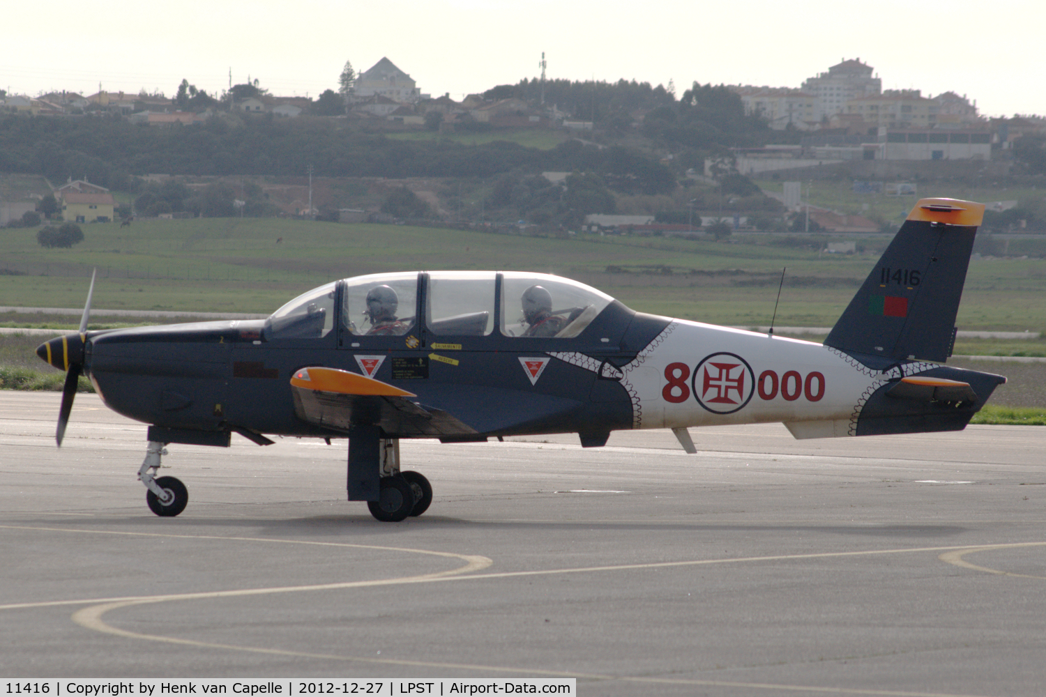11416, Socata TB-30 Epsilon C/N 173, An Epsilon trainer of the Portuguese Air Force taxying at Sintra air force base. Note the special markings to commemorate 80000 flying hours on the TB 30.