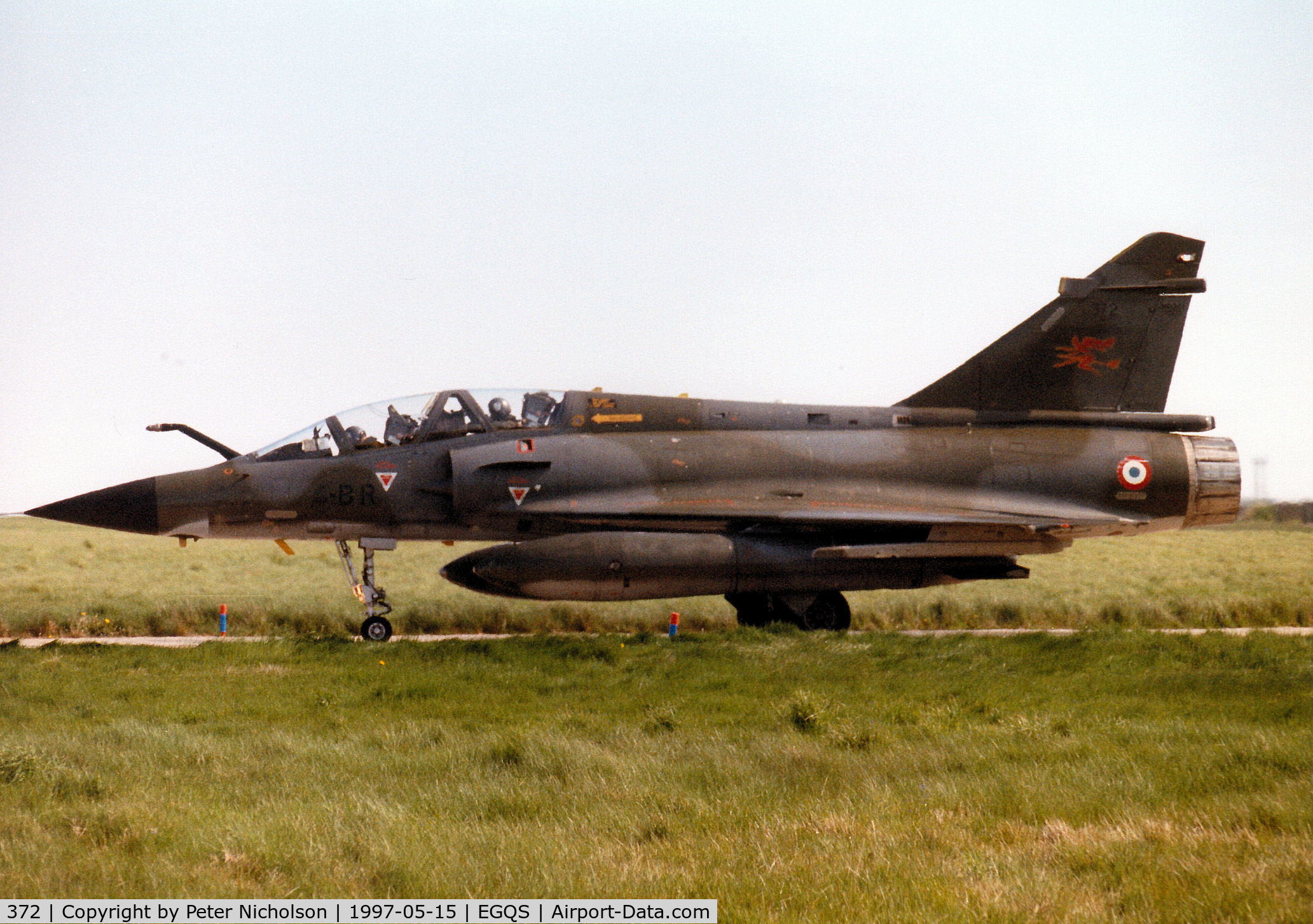 372, Dassault Mirage 2000N C/N 386, Mirage 2000N, callsign French Air Force 4210 Bravo, of EC 02.004 taxying to the active runway at RAF Lossiemouth in the Summer of 1997.