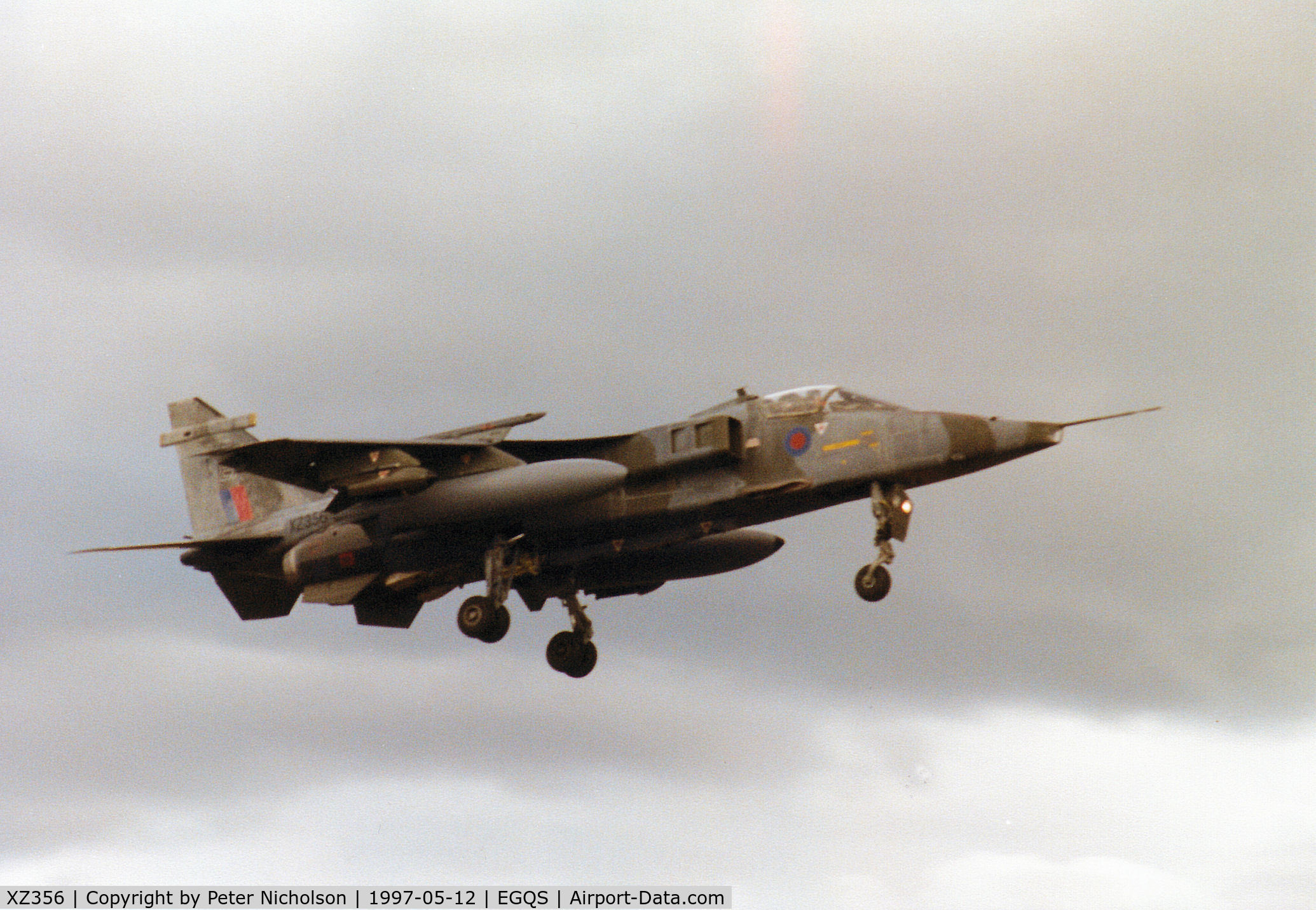 XZ356, 1976 Sepecat Jaguar GR.1A C/N S.123, Jaguar GR.1A, callsign Boxer 7, of 6 Squadron at RAF Coltishall on final approach to Runway 05 at RAF Lossiemouth in the Summer of 1997.