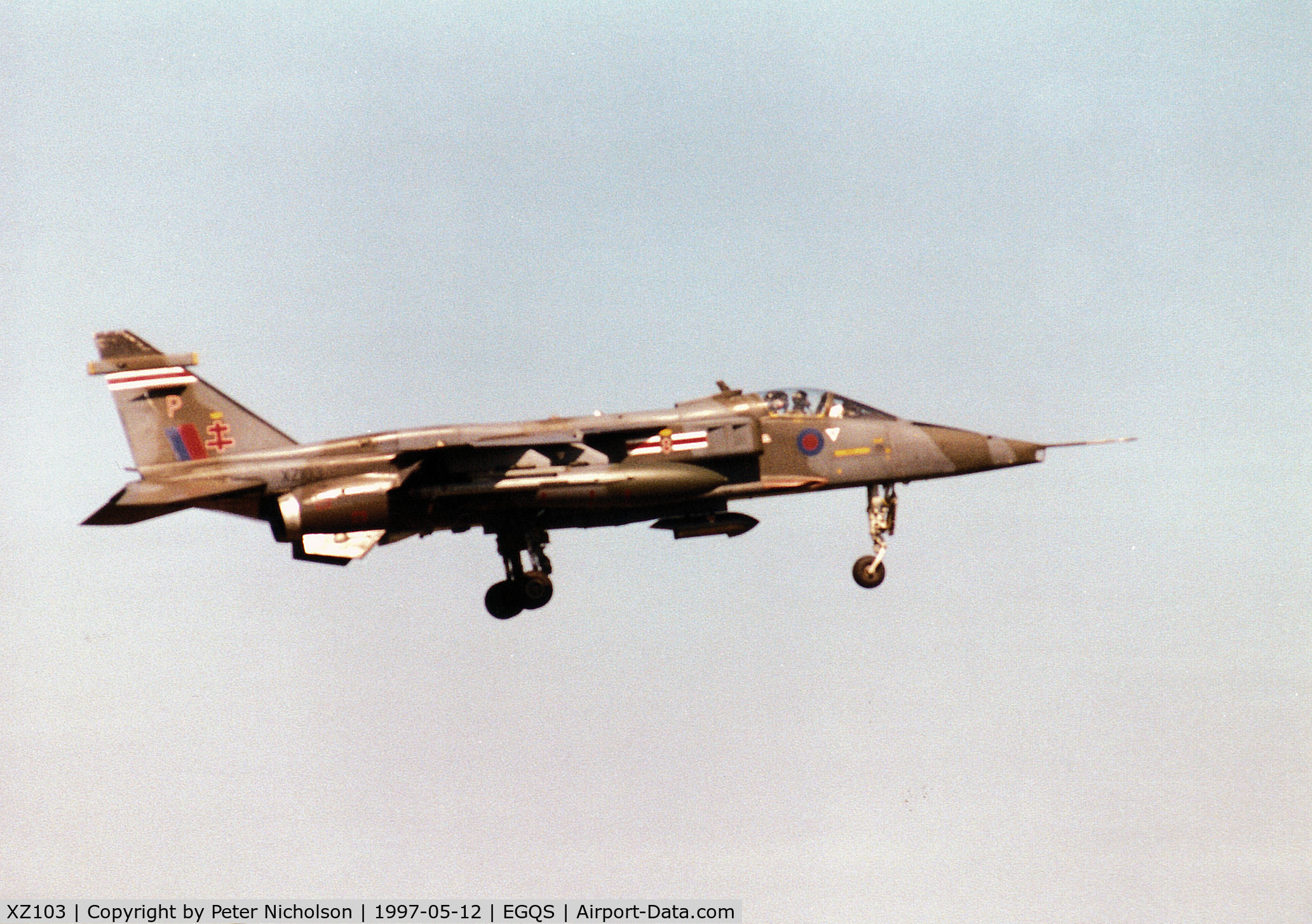 XZ103, 1976 Sepecat Jaguar GR.1A C/N S.104, Jaguar GR.1A, callsign Boxer 3, of 41 Squadron at RAF Coltishall on final approch to Runway 05 at RAF Lossiemouth in the Summer of 1997.