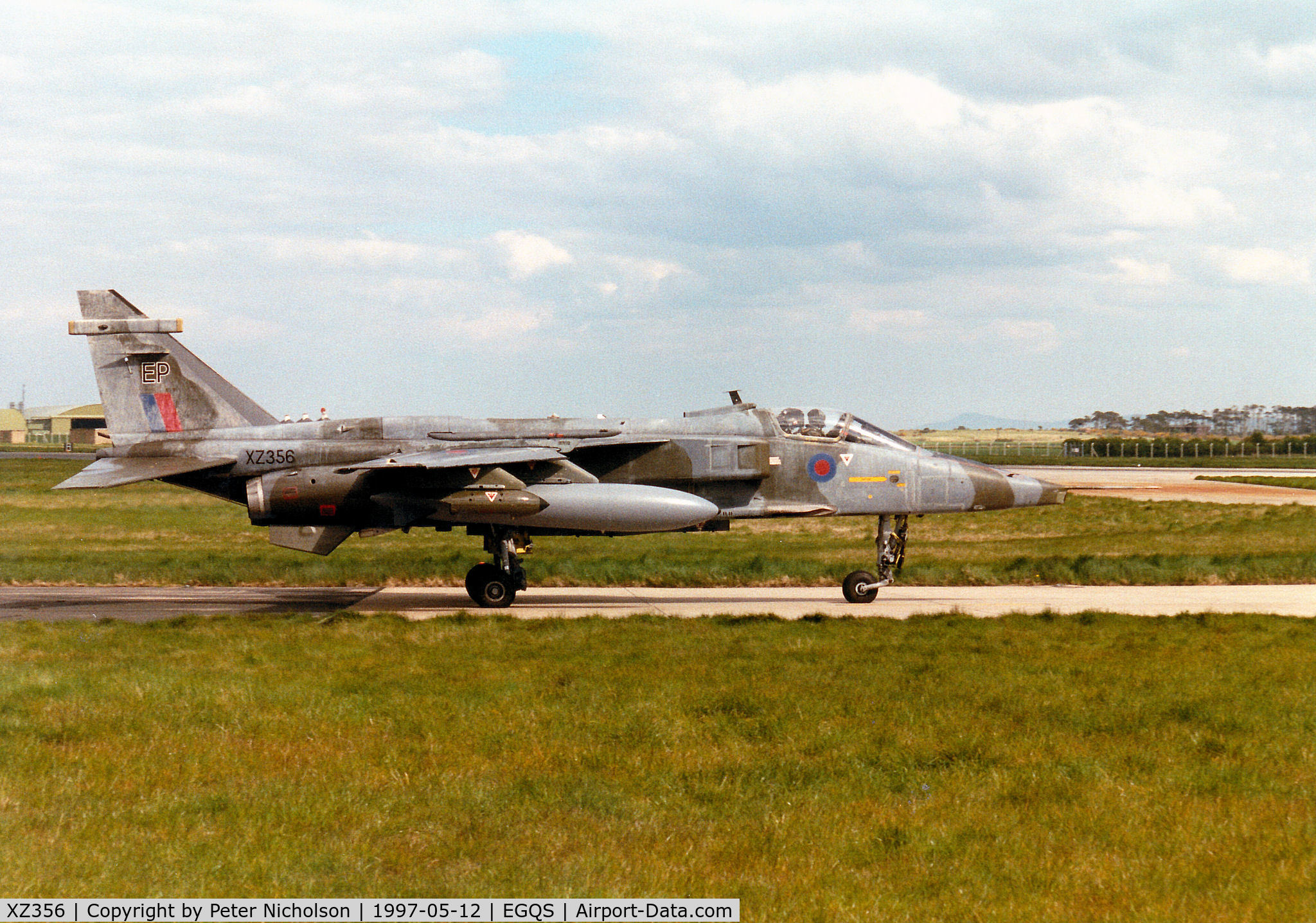 XZ356, 1976 Sepecat Jaguar GR.1A C/N S.123, Jaguar GR.1A of 6 Squadron at RAF Coltishall taxying to the active runway at RAF Lossiemouth in the Summer of 1997.
