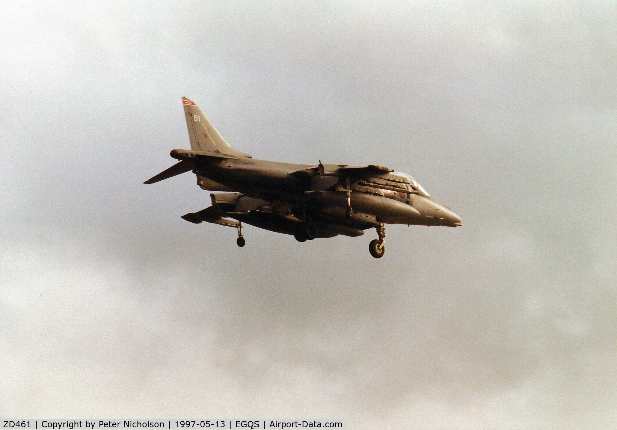 ZD461, 1989 British Aerospace Harrier GR.7 C/N P51, Harrier GR.7, callsign Wellard 2, of 1 Squadron at RAF Wittering on final approach to Runway 05 at RAF Lossiemouth in the Summer of 1997.