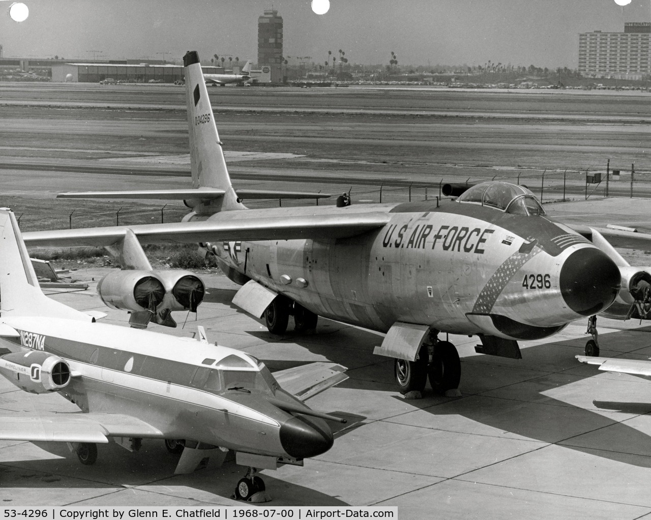 53-4296, 1953 Boeing RB-47H-1-BW Stratojet C/N 4501320, Photo from Rockwell Collins.  The Sabreliner on the left performed air-to-air target tests with the RB-47H