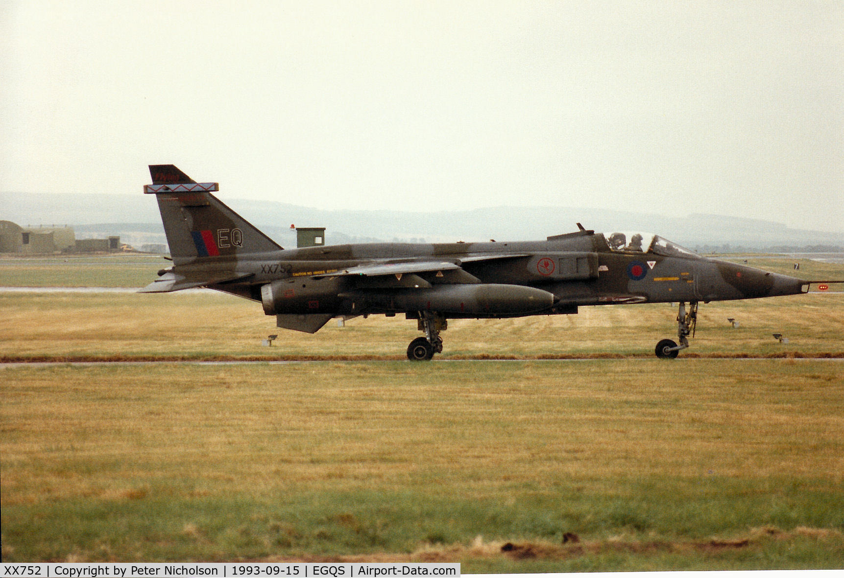 XX752, 1975 Sepecat Jaguar GR.1A C/N S.49, Jaguar GR.1A of 6 Squadron at RAF Coltishal awaiting clearance to join the active runway at RAF Lossiemouth inthe Summer of 1993.